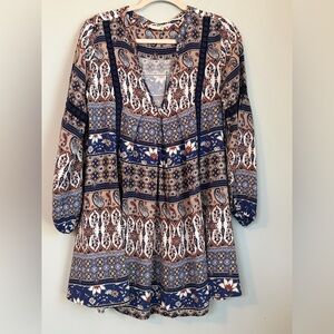 Altar'd State Navy and Cream Patterned Boho Style Tunic / Dress, Size Small